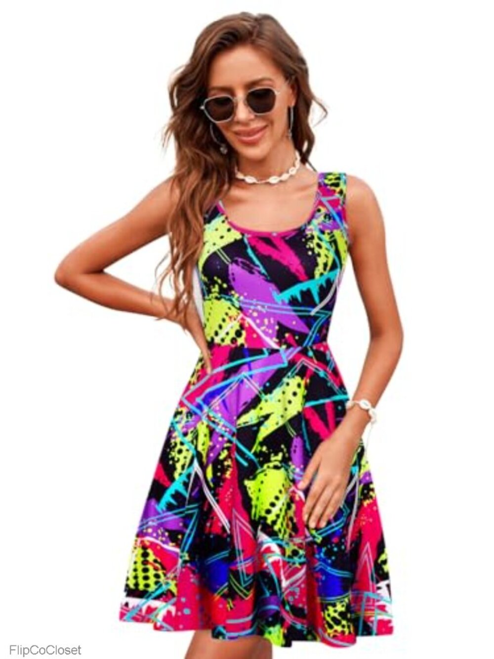 Women Sleeveless U-Neck A-Line Midi Dress Funny Print Casual Party